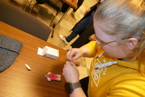 Neljäs tehtävä, kokoa torso. Anna-Maarit miettimässä mihinkä ne elimet oikein kuuluvat.